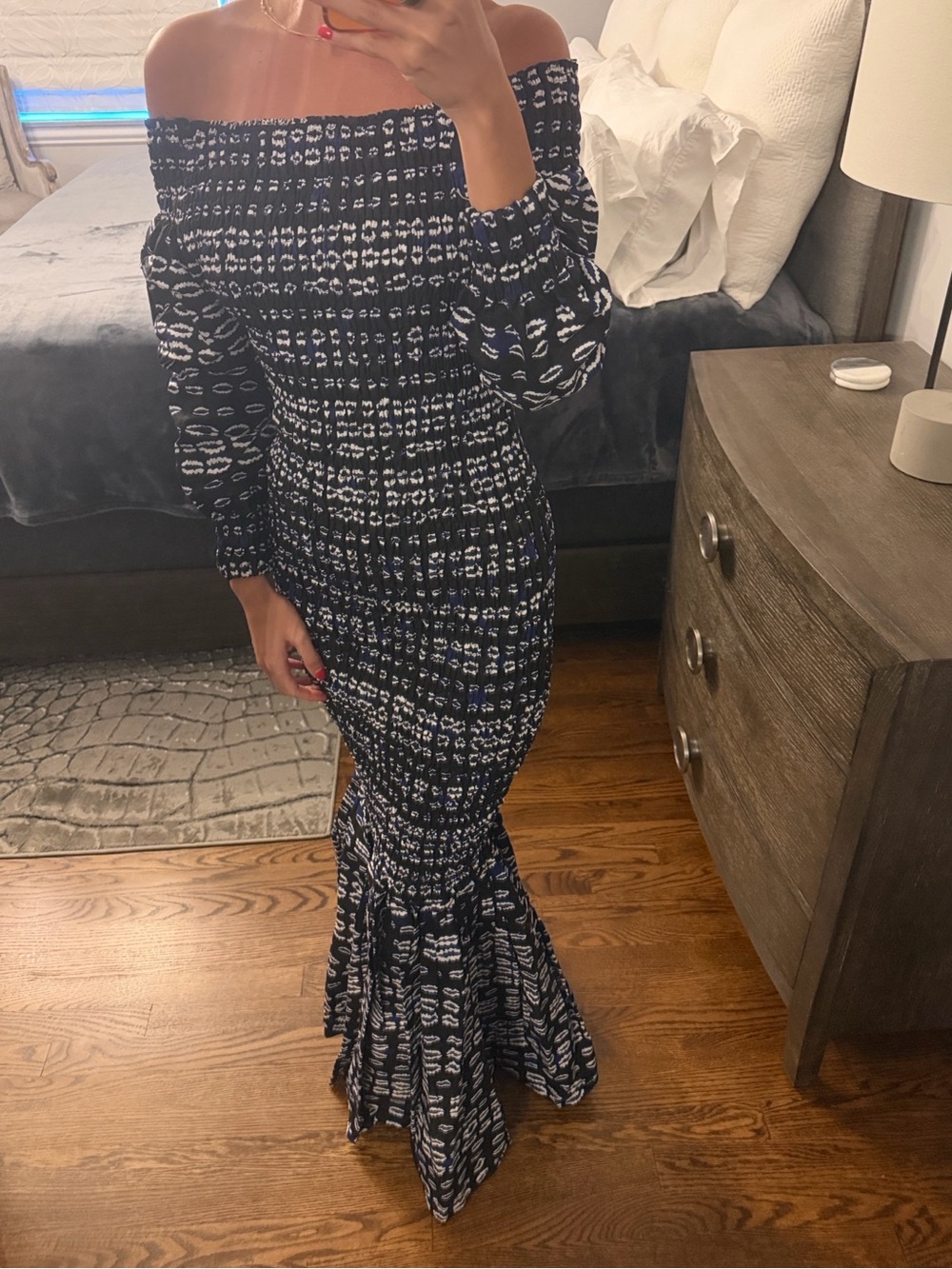 Black Blue African Hitarget Ankara Wax Block Geometric Print Maxi Dress S/M